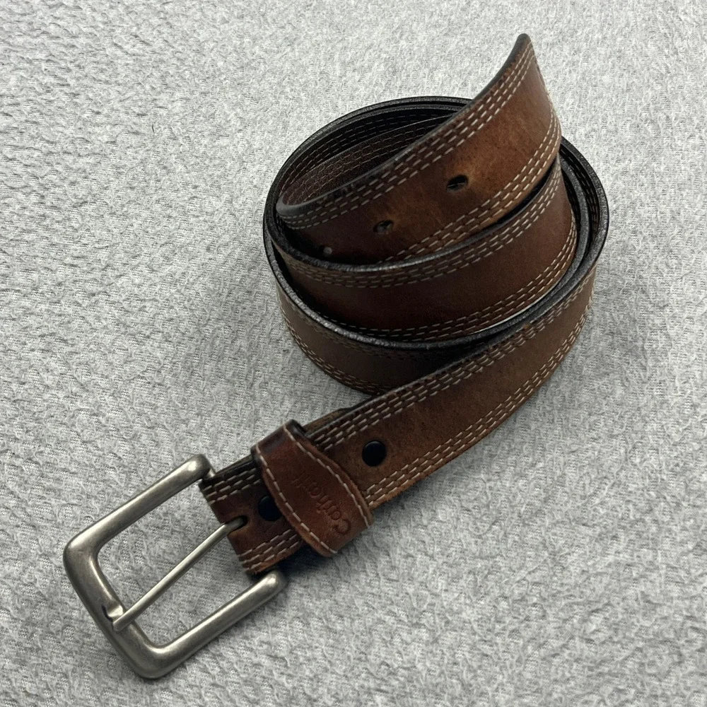 Carhartt A94 Belt Men 40 Brown Leather Triple Stitch Work Buckle English Brittle